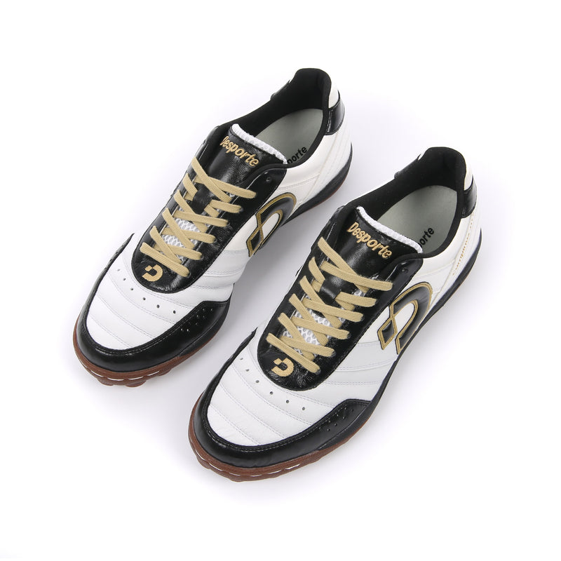 Desporte Campinas JTF6 white black gold turf soccer shoes with synthetic suede leather insoles