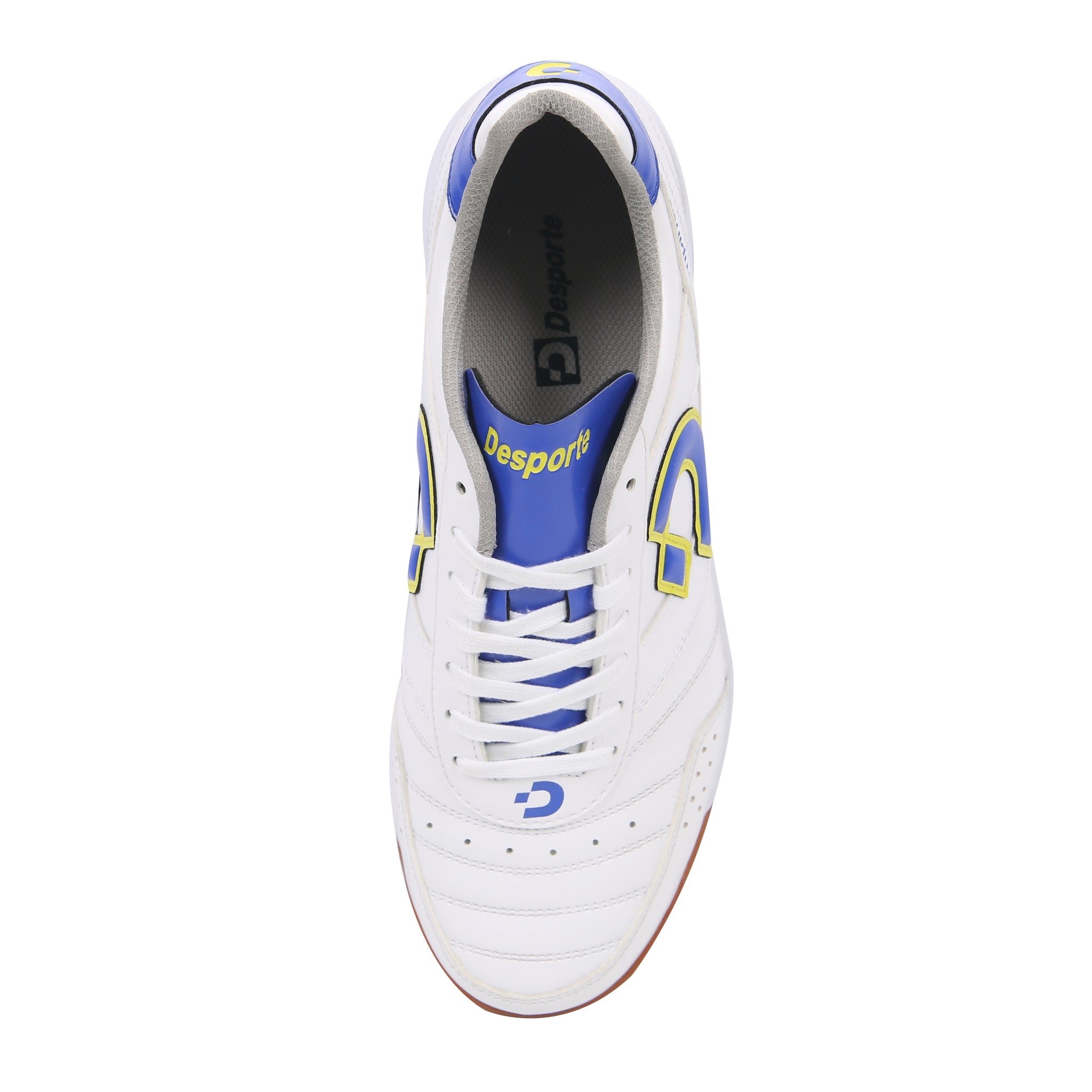 Desporte Campinas SP3 white blue yellow futsal shoe synthetic leather upper and mesh lining