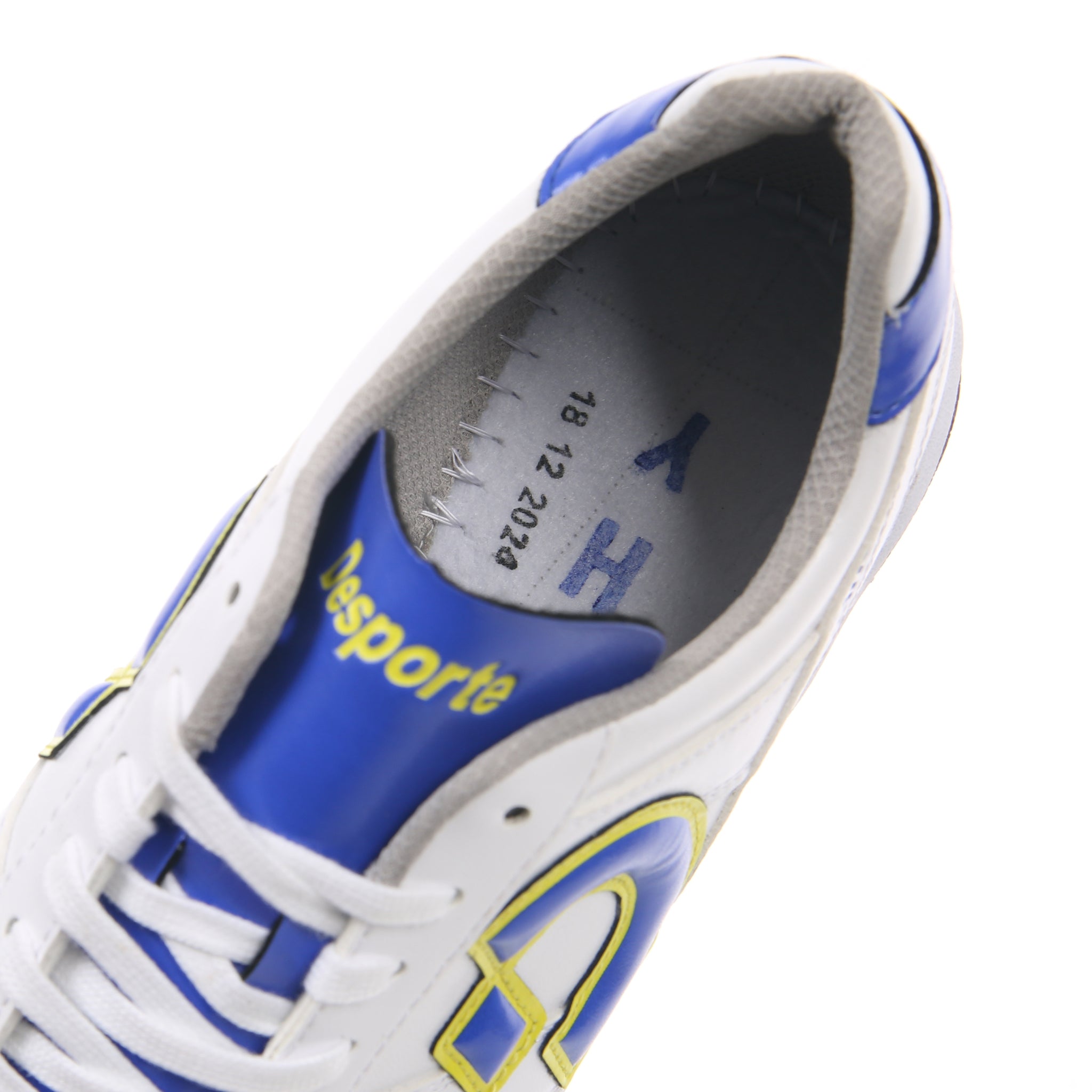 Desporte Campinas TF SP3 white blue yellow turf soccer shoe mesh lining