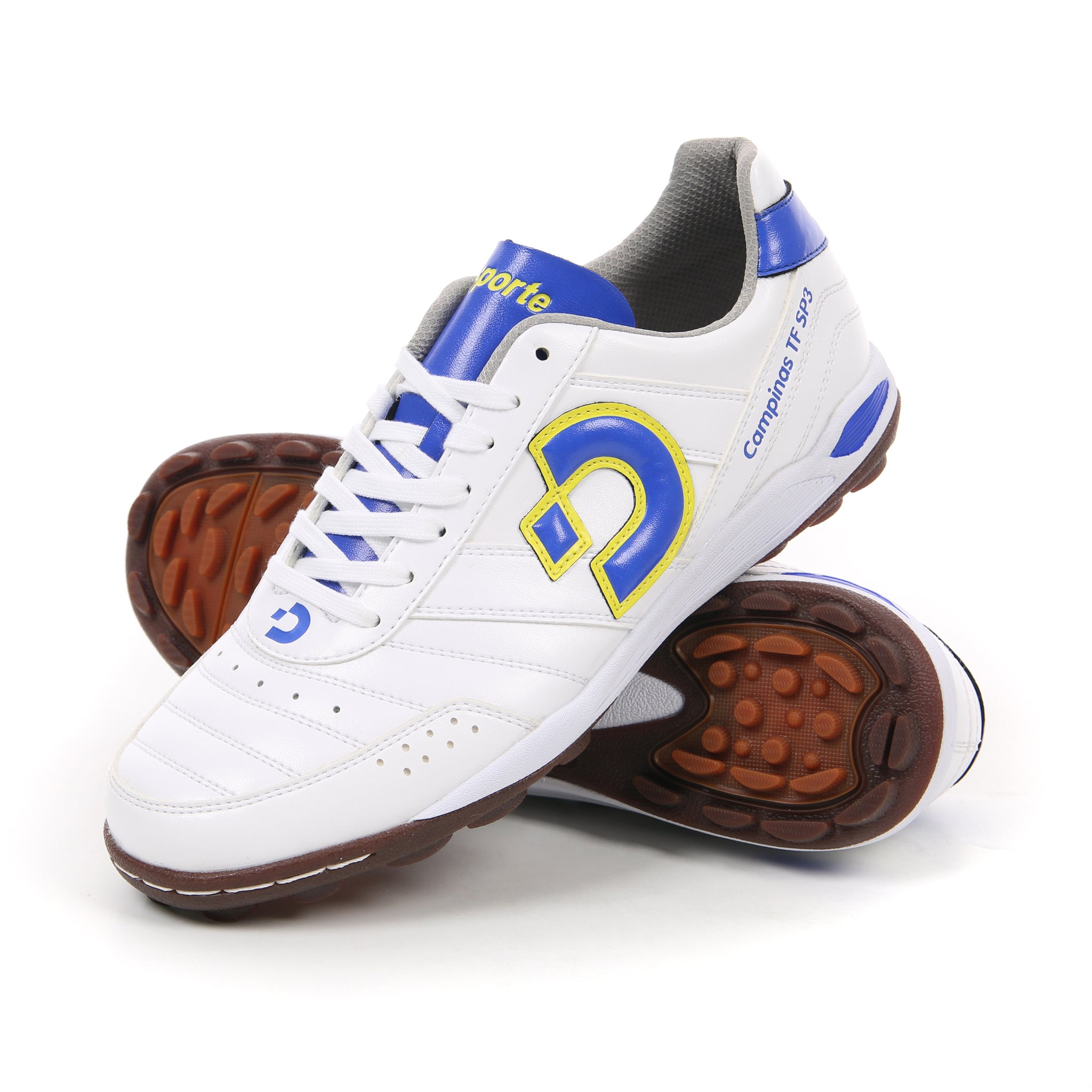 Desporte Campinas TF SP3 white blue yellow turf soccer shoes
