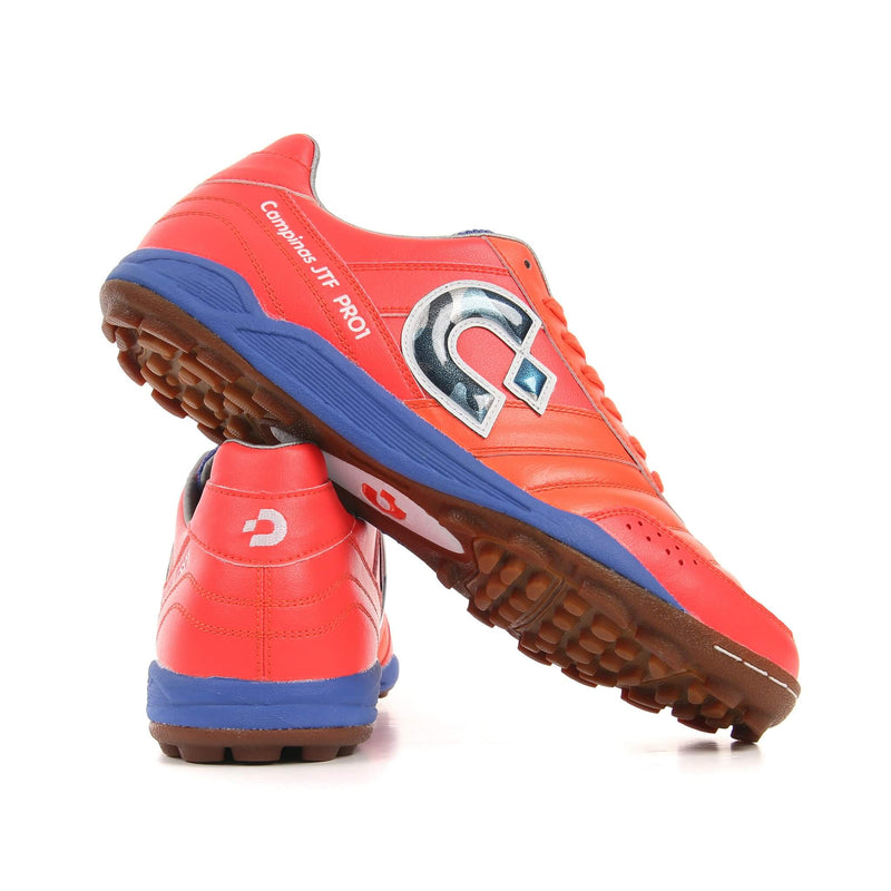Desporte Campinas JTF PRO1 coral red turf soccer shoes blue camouflage logo