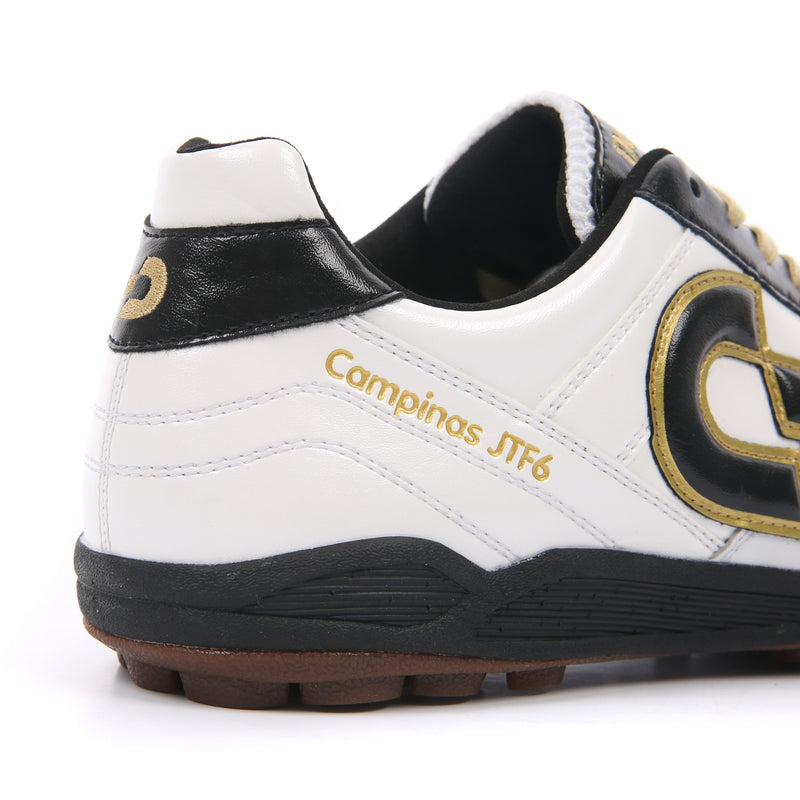 Desporte Campinas JTF6 white black gold turf soccer shoe with golden logo print