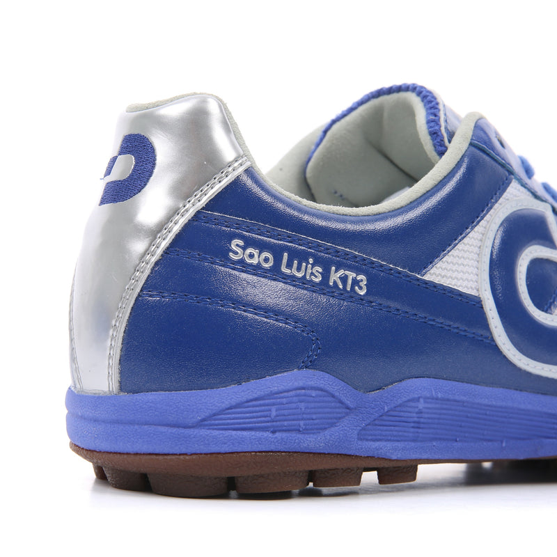 Desporte Sao Luis KT3 navy turf soccer shoe with shiny silver heel and model name printed in silver
